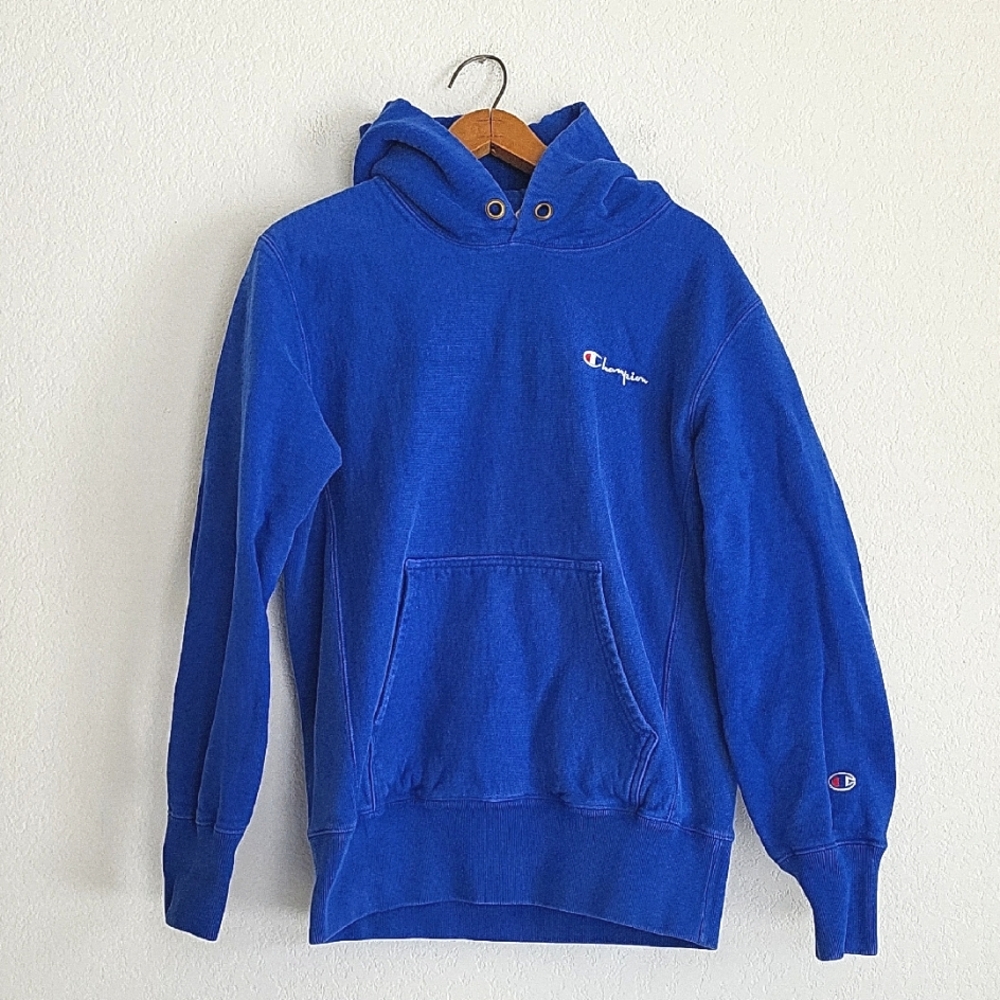 Vintage Champion Reverse Weave Warm Up Hoodie Blue Made in Mexico L